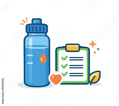 Personal wellness routine and healthy habit tracking for balanced daily living and sustained energy, a water bottle placed beside a small checklist