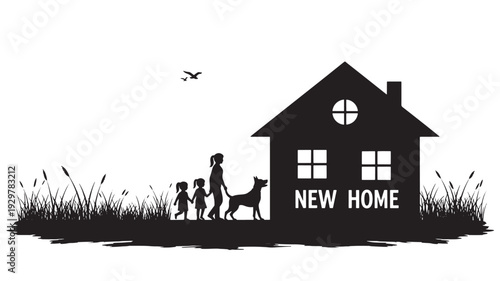 New Home Concept with Family and Dog Silhouette in a Field with Grass and Bird Overhead, symbolizing new beginnings and homeownership