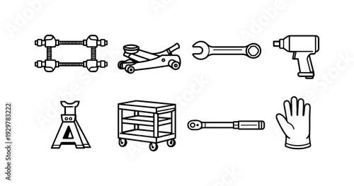Car suspension tools: spring compressor, hydraulic jack, wrench, impact wrench, torque wrench, jack stand, tool cart, safety glove