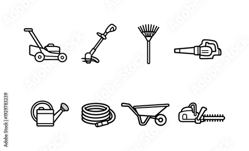 Garden lawn care equipment: lawn mower, grass trimmer, rake, leaf blower, watering can, garden hose, wheelbarrow, hedge trimmer