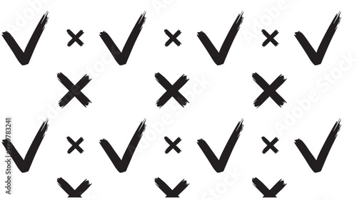 Dynamic visual representation of success and failure using a repetitive pattern of hand-drawn checkmarks and crosses, symbolizing choices, decisions, and outcomes