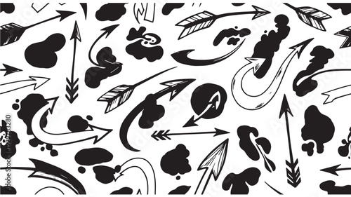 Dynamic hand-drawn arrows and abstract ink splatters create a captivating seamless pattern, perfect for adding an edgy, artistic grunge background to any design project