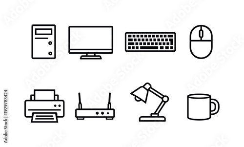 Office workstation gadgets: desktop computer, monitor, keyboard, computer mouse, printer, router, desk lamp, coffee mug