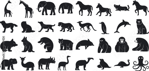 Wild animal silhouette collection, zoo and safari wildlife vector set including elephant, giraffe, bear, dolphin, penguin isolated on white background