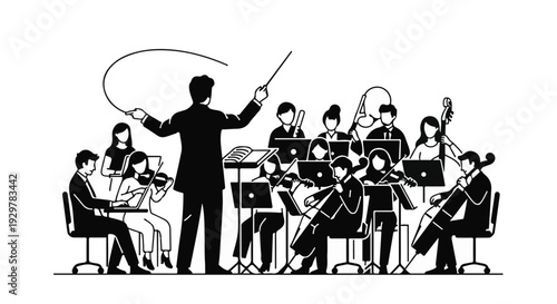 conductor leading orchestra musicians on stage