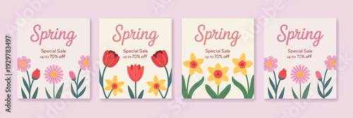 Spring special sale flyers with colorful flowers on white cards