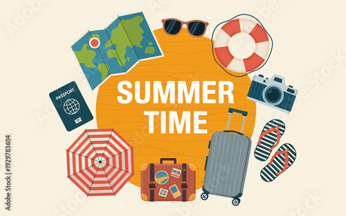 Summer time vacation travel concept with various tourist accessories and objects