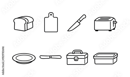 Home sandwich making items: bread loaf, cutting board, kitchen knife, toaster, plate, butter knife, lunch box, storage container
