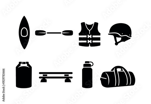 Kayaking equipment: kayak, paddle, life jacket, helmet, dry bag, roof rack, water bottle, sports bag