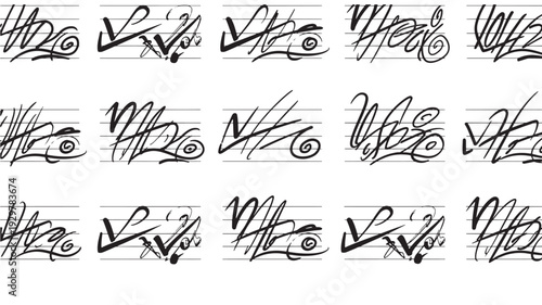 A collection of diverse, handwritten tag samples, showcasing a variety of stylized script and graffiti-like lettering forms on a lined background, representing urban art exploration