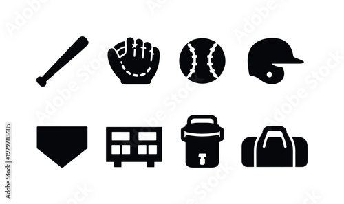 Baseball equipment: baseball bat, baseball glove, baseball ball, helmet, base plate, scoreboard, water cooler, sports bag