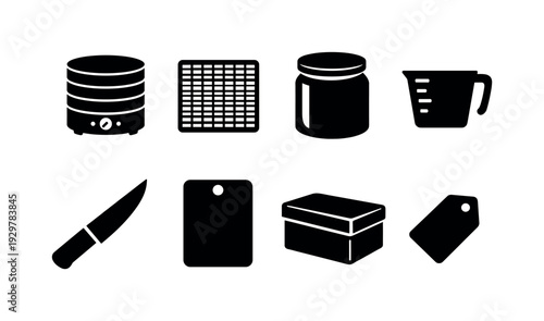 Home food dehydrating supplies: food dehydrator, drying tray, storage jar, measuring cup, knife, cutting board, storage box, label tag