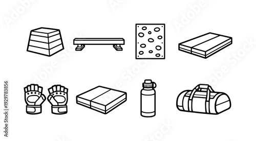 Parkour obstacle equipment: vault box, balance beam, climbing wall panel, gym mat, grip gloves, crash pad, water bottle, sports bag