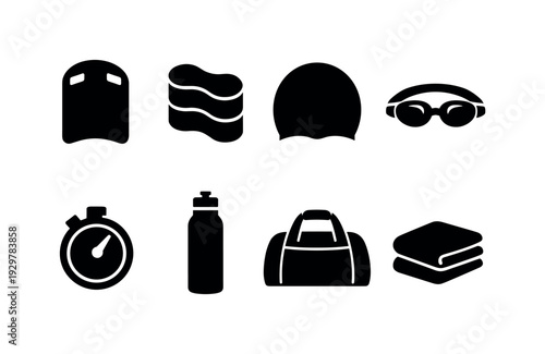 Swimming training equipment: kickboard, pull buoy, swim cap, goggles, stopwatch, water bottle, sports bag, towel