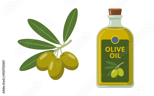 Olive oil bottle with olives and leaves on white background