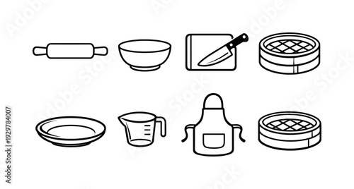 Home dumpling making tools: rolling pin, mixing bowl, cutting board, chef knife, bamboo steamer, serving plate, measuring cup, apron