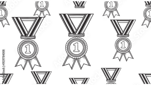 Seamless pattern of black and white first place medals with ribbons, celebrating victory and achievement in a minimalist, graphic design, perfect for backgrounds or textile prints