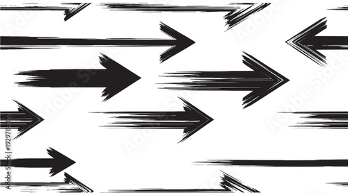 Vibrant array of distressed black arrows pointing forward, creating a seamless background that evokes speed, progression, and directional flow in an artistic grunge style