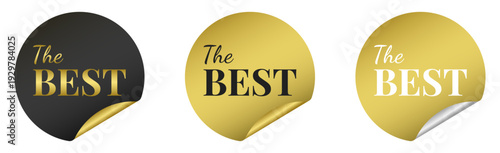 Gold and black round sticker label with a stylish curled corner for the best quality mark