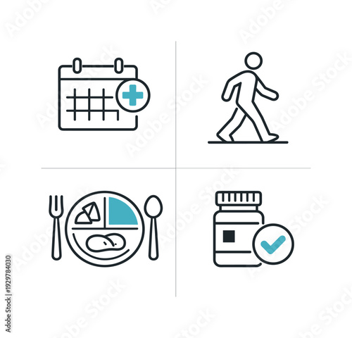 Healthy aging and preventive healthcare planning in later life stages, highlighting regular checkups, physical activity, balanced nutrition, and