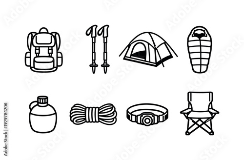 Camping river hike gear: backpack, trekking poles, camping tent, sleeping bag, headlamp, water canteen, rope coil, folding chair