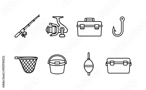 Fishing gear: fishing rod, fishing reel, tackle box, fish hook, fishing net, bait bucket, float bobber, cooler box