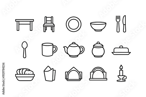 Home breakfast table items: dining table, chair, plate, bowl, fork, knife, spoon, coffee mug, teapot, sugar jar, butter dish, bread basket, napkin
