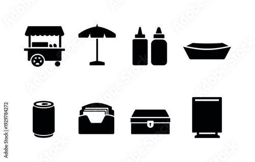 Street food cart items: hot dog cart, umbrella stand, condiment bottle, paper tray, soda can, napkin holder, cash box, menu board