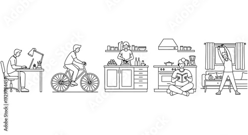 man working on laptop, cycling, cooking in kitchen, reading book, and stretching at home during the day