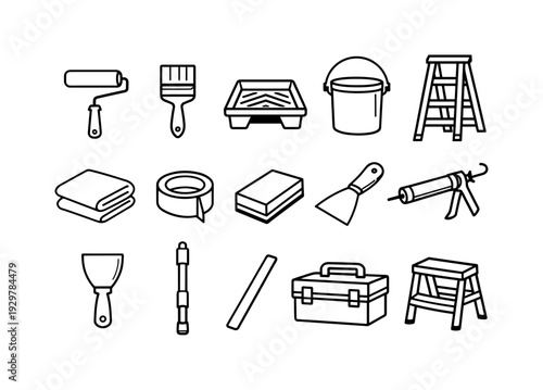 Home painting tools: paint roller, paint brush, paint tray, paint bucket, ladder, drop cloth, masking tape roll, sanding block, putty knife, caulking