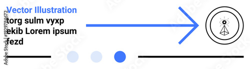 Blue arrow pointing to an abstract circular icon with radiating lines and placeholder text. Ideal for navigation, progress, direction, strategy, goals, concepts, and simple landing page