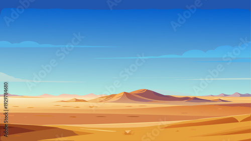 A wide desert plain with subtle mirage effect near distant horizon smooth sandy ground under bright sky clean minimal vector illustration flat design uncluttered composition
