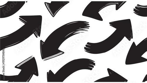 Dynamic and expressive hand-drawn black arrows create a seamless, artistic pattern, conveying direction, movement, and an energetic grunge texture on a clean white background
