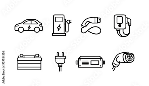 Electric vehicle charging: electric car, charging station, charging cable, wall charger, battery pack, power plug, inverter, charging connector