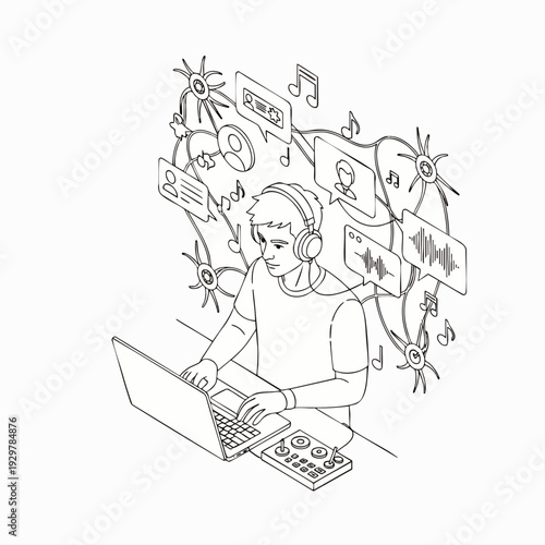 Young man with headphones creating music on laptop, surrounded by sound waves, audio icons, and neural connections, symbolizing creative sound engineering.