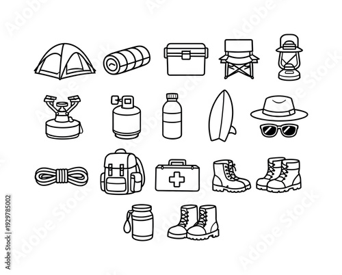 Island beach camping gear: beach tent, sleeping bag, cooler box, folding chair, lantern, portable stove, gas canister, water bottle, surfboard, hat