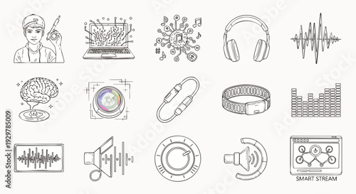 Collection of hand-drawn icons representing technology, science, and digital concepts including AI, audio, and connectivity
