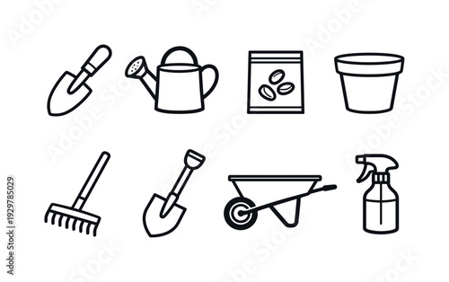 Garden outdoor planting tools: garden trowel, watering can, seed packet, flower pot, rake, shovel, wheelbarrow, spray bottle