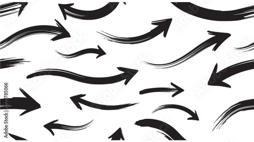 Collection of various black arrows pointing in different directions on a plain white background from a straightforward viewpoint