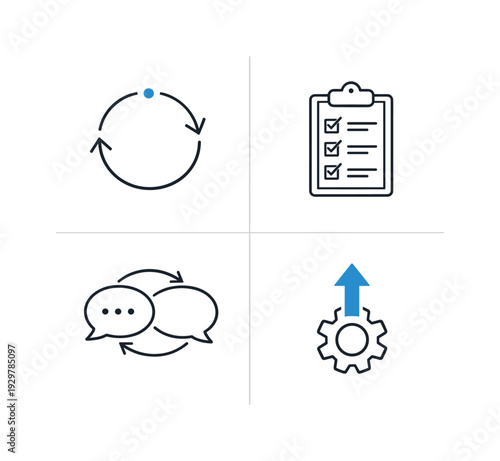 Agile methodology and iterative product development in collaborative teams, presenting sprint planning, task prioritization, feedback cycles, and