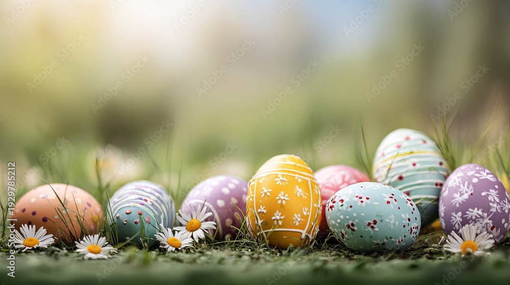 Fototapeta premium Colorful Easter eggs decorated with patterns and flowers in a grassy field on a sunny day