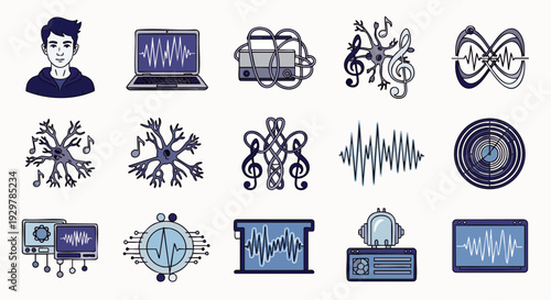 Vector icons illustrating the connection between music, sound waves, brain activity, and technology. Ideal for AI, neuroscience, and digital audio.