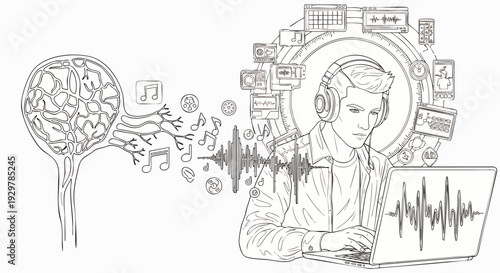 Creative Digital Music Production and Sound Engineering Concept with Man, Headphones, Laptop, and Brain Connection to Technology