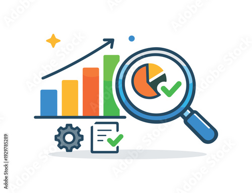 Business performance review and quarterly results analysis focused on measuring outcomes and refining strategy, a bar chart placed beside a magnifying