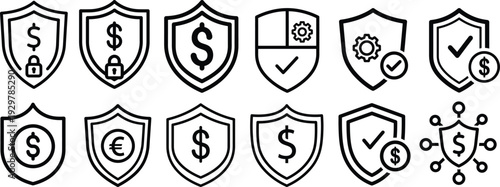 Security Shield and Finance Outline Icon Set – Protection, Insurance, Dollar and Risk Management Linear Vector Collection