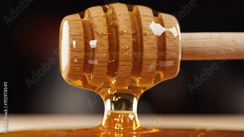 Golden Honey Dripping From Wooden Dipper Macro Close Up Healthy Food Sweetener