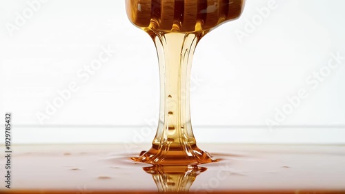 Golden Honey Dripping from Wooden Dipper into Pool of Amber Liquid Against White Background