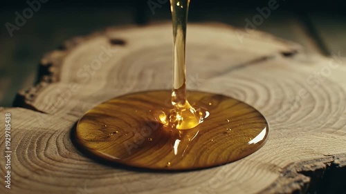 Golden Honey Dripping From Wooden Dipper onto Rustic Wood Surface