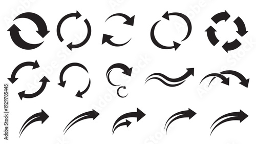 Collection of various black arrow icons in circular and curved shapes indicating direction and rotation on a plain surface from a straightforward viewpoint