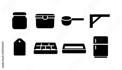 Home coffee storage items: coffee jar, airtight container, measuring scoop, shelf bracket, label tag, drawer organizer, tray, refrigerator